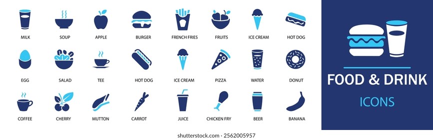 Food and drink icon set.  Containing burger, soda, bread, cocktail, pizza, beer, apple, coffee, water  and more. Solid vector icons collection.