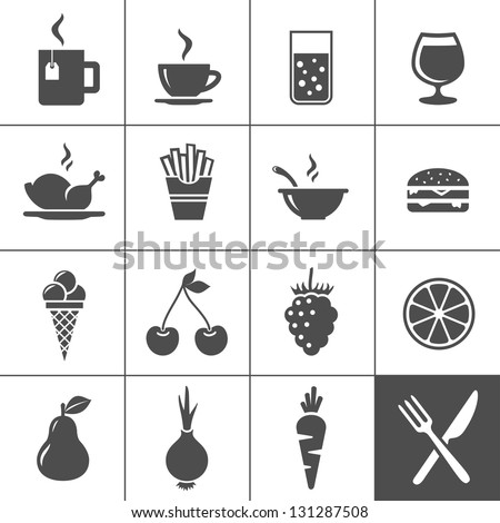 Food and drink icon set. Drinks, fastfood, fruits, vegetables. Simplus series. Vector illustration