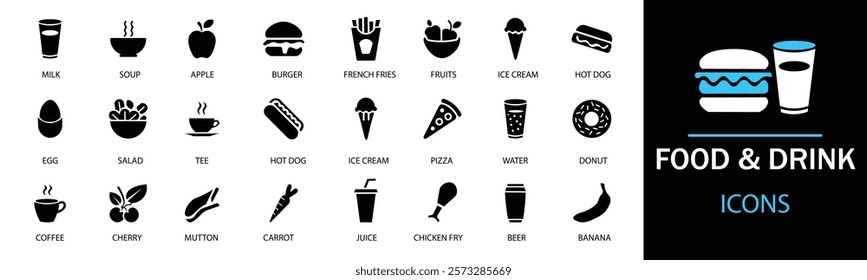 Food and drink icon set.  Featuring detailed illustrations of burger, soda, bread, cocktail, pizza, beer, apple, coffee, water  and more. A well organized collection of adaptable solid vector icons