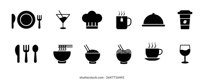 Food and drink icon set in flat style. plate, fork, knife and spoon, set logotype menu, cutlery icon, chef hat, tableware sign, catering icons, Restaurant sign and symbol. Vector illustration.