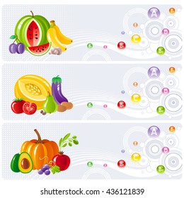 Food and drink icon set for healthy eating. Fruits, vegetables, berries, nuts table shows all necessary vitamins and food that contains them. 