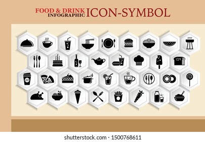 Food and drink icon set, kitchen utensils, flat simple design, vector illustration