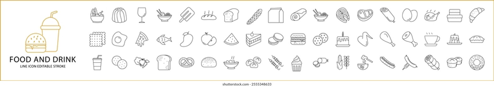 Food And Drink Icon Set In line Style.  Food And Drink Icons. Vector Illustration. Editable Stroke.
