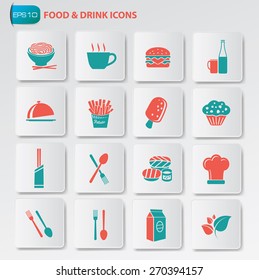 Food and drink icon set on clean buttons