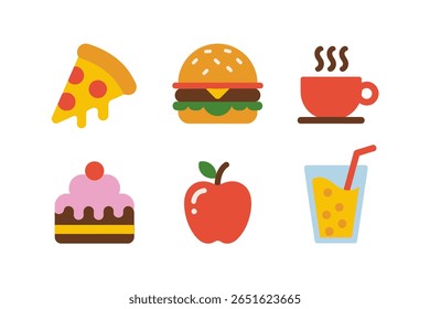 Comida e bebida ícone conjunto, pizza, hambúrguer, café, cupcake, maçã, suco, vetor moderno, lanche e bebida ilustração