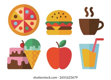 Food and drink icon set, pizza, burger, coffee, ice cream, apple, juice, modern vector, snack and beverage illustration