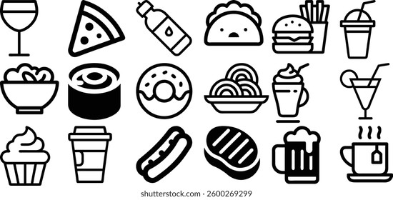 Food and Drink Icon Set – Restaurant, Fast Food, and Beverage Vector