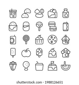 Food and drink icon set. Snack, dessert, bakery, and beverage menu. Chip, cold drink, pearl milk tea, cinnamon bun, and more. Vector illustration, outline style, editable stroke.   