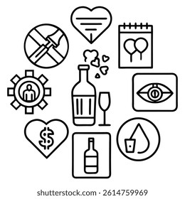 Food and drink icon set with symbols for health, medical and business, including vector illustrations and signs for web design, love, music, and technology