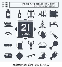 Food and Drink Icon Set in trendy glyph style isolated on soft blue background