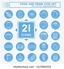 Food and Drink Icon Set in trendy blue eyes style isolated on soft blue background