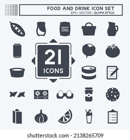 Food and Drink Icon Set in trendy glyph style isolated on soft blue background