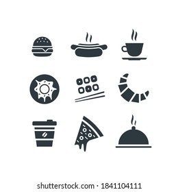 Food and drink icon set. Vector flat design web icons illustration. Hamburger, hot dog, cup of coffee or tea, donut, sushi, croissant, takeaway coffee, slice of pizza and dish tray with cloche lid.