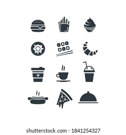 Food and drink icon set. Vector flat design web icons. Hamburger, hot dog, cup of coffee or tea, ice cream, French fries, donut, sushi, croissant, takeaway, slice of pizza and dish tray with cloche.