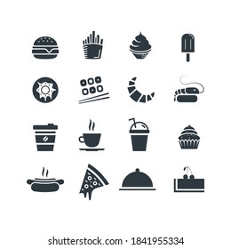 Food and drink icon set. Vector flat design web icons. Hamburger, hot dog, coffee, tea, ice cream,  popsicle, French fries, donut, sushi, croissant, takeaway, slice of pizza, dish tray, cupcake.