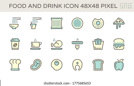 Food and drink icon such as noodles, omelet, pizza, donuts, fried eggs, french fries and other,  48X48 pixel perfect and editable stroke.