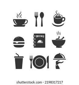 Food and drink icon vector design illustration fit for cafe, restaurant, catering, menu book icon, burger, chicken soup, soda, plate, spoon, fork, mug or cup of coffee icon