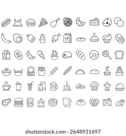 Food and drink icon vector set. Restaurant illustration sign collection. Сontains fast food, beverage, vegetables, fruits, desserts, meat, fish, coffee, cocktail and more. Editable line icons.