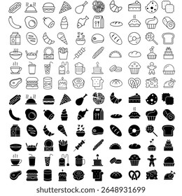 Food and drink icon vector set. Restaurant illustration sign collection. Сontains fast food, beverage, vegetables, fruits, desserts, meat, fish, coffee, cocktail and more. Editable line icons.
