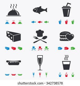 Food, drink icons. Alcohol, fish and burger signs. Hot dog, cheese and restaurant symbols. Flat black, red, blue and green icons.