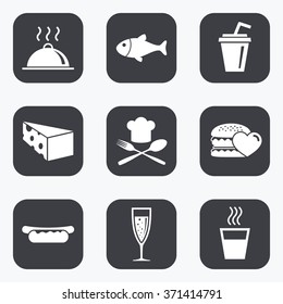 Food, Drink Icons. Alcohol, Fish And Burger Signs. Hot Dog, Cheese And Restaurant Symbols. Flat Square Buttons With Rounded Corners.