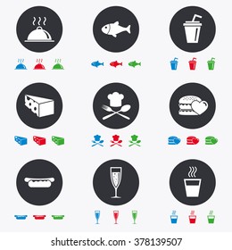 Food, drink icons. Alcohol, fish and burger signs. Hot dog, cheese and restaurant symbols. Flat circle buttons with icons.