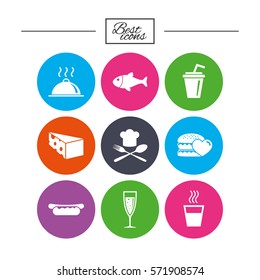 Food, drink icons. Alcohol, fish and burger signs. Hot dog, cheese and restaurant symbols. Classic simple flat icons. Vector