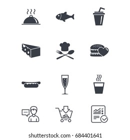 Food, drink icons. Alcohol, fish and burger signs. Hot dog, cheese and restaurant symbols. Customer service, Shopping cart and Report line signs. Online shopping and Statistics. Vector