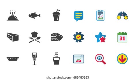 Food, drink icons. Alcohol, fish and burger signs. Hot dog, cheese and restaurant symbols. Calendar, Report and Download signs. Stars, Service and Search icons. Statistics, Binoculars and Chat. Vector