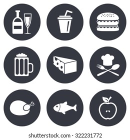 Food, drink icons. Beer, fish and burger signs. Chicken, cheese and apple symbols. Gray flat circle buttons. Vector