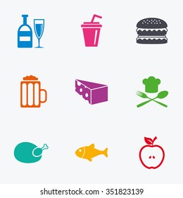 Food, drink icons. Beer, fish and burger signs. Chicken, cheese and apple symbols. Flat colored graphic icons.