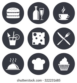Food, drink icons. Coffee and hamburger signs. Cocktail, cheese and cupcake symbols. Gray flat circle buttons. Vector