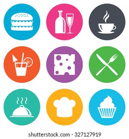 Food, drink icons. Coffee and hamburger signs. Cocktail, cheese and cupcake symbols. Flat circle buttons. Vector