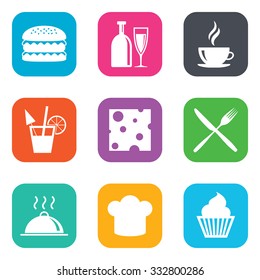 Food, drink icons. Coffee and hamburger signs. Cocktail, cheese and cupcake symbols. Flat square buttons. Vector