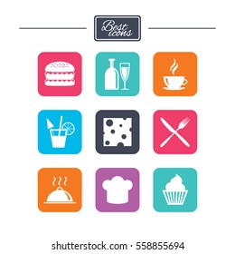 Food, drink icons. Coffee and hamburger signs. Cocktail, cheese and cupcake symbols. Colorful flat square buttons with icons. Vector