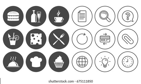 Food, drink icons. Coffee and hamburger signs. Cocktail, cheese and cupcake symbols. Document, Globe and Clock line signs. Lamp, Magnifier and Paper clip icons. Question, Credit card and Refresh