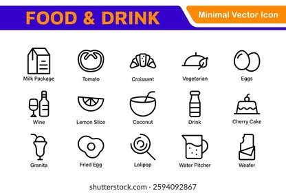 Food and Drink Icons Collection. Vector-Based Icons for Cooking, Dining, Beverages, Restaurant, and Fast Food Design