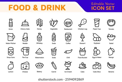 Food and Drink Icons Collection. Vector-Based Icons for Cooking, Dining, Beverages, Restaurant, and Fast Food Design