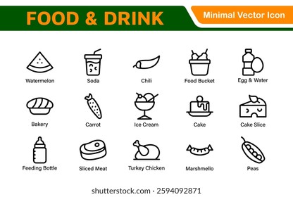 Food and Drink Icons Collection. Vector-Based Icons for Cooking, Dining, Beverages, Restaurant, and Fast Food Design