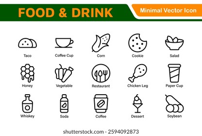 Food and Drink Icons Collection. Vector-Based Icons for Cooking, Dining, Beverages, Restaurant, and Fast Food Design