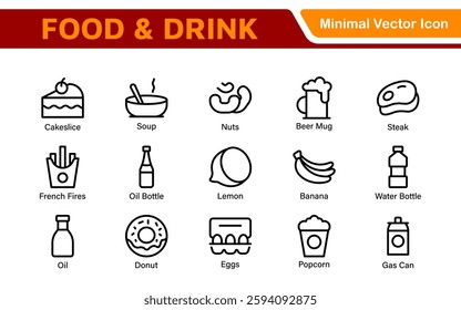 Food and Drink Icons Collection. Vector-Based Icons for Cooking, Dining, Beverages, Restaurant, and Fast Food Design