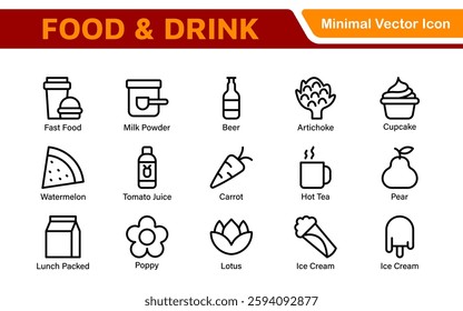 Food and Drink Icons Collection. Vector-Based Icons for Cooking, Dining, Beverages, Restaurant, and Fast Food Design