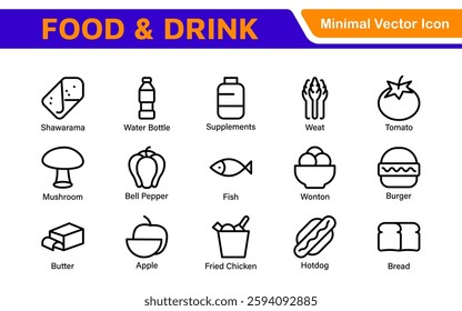Food and Drink Icons Collection. Vector-Based Icons for Cooking, Dining, Beverages, Restaurant, and Fast Food Design