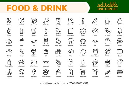 Food and Drink Icons Collection. Vector-Based Icons for Cooking, Dining, Beverages, Restaurant, and Fast Food Design