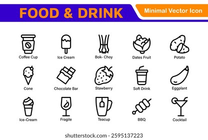 Food and Drink Icons Collection. Vector-Based Icons for Cooking, Dining, Beverages, Restaurant, and Fast Food Design