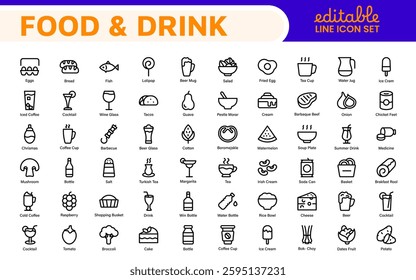 Food and Drink Icons Collection. Vector-Based Icons for Cooking, Dining, Beverages, Restaurant, and Fast Food Design