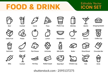 Food and Drink Icons Collection. Vector-Based Icons for Cooking, Dining, Beverages, Restaurant, and Fast Food Design