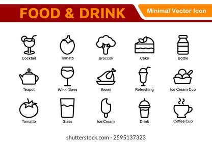 Food and Drink Icons Collection. Vector-Based Icons for Cooking, Dining, Beverages, Restaurant, and Fast Food Design