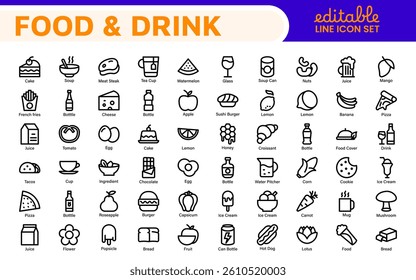 Food and Drink Icons Collection. Vector-Based Icons for Cooking, Dining, Beverages, Restaurant, and Fast Food Design