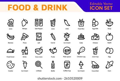 Food and Drink Icons Collection. Vector-Based Icons for Cooking, Dining, Beverages, Restaurant, and Fast Food Design
